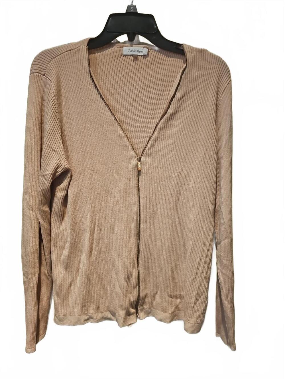 Calvin Klein long sleeve knit top ribbed Full Zip Size L Baby Pink